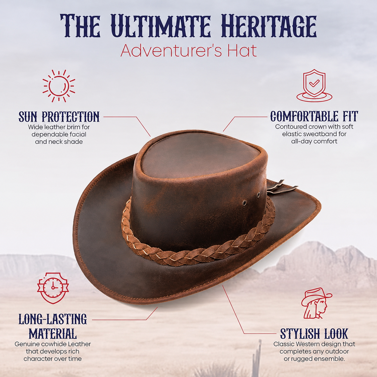 Genuine Leather Cowboy Hat for Men & Women - Western Style, M & L Sizes