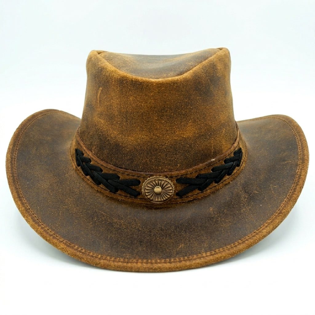 Vintage Brown Leather Cowboy Hat – Ranch Rodeo Series, S-XXL Sizes