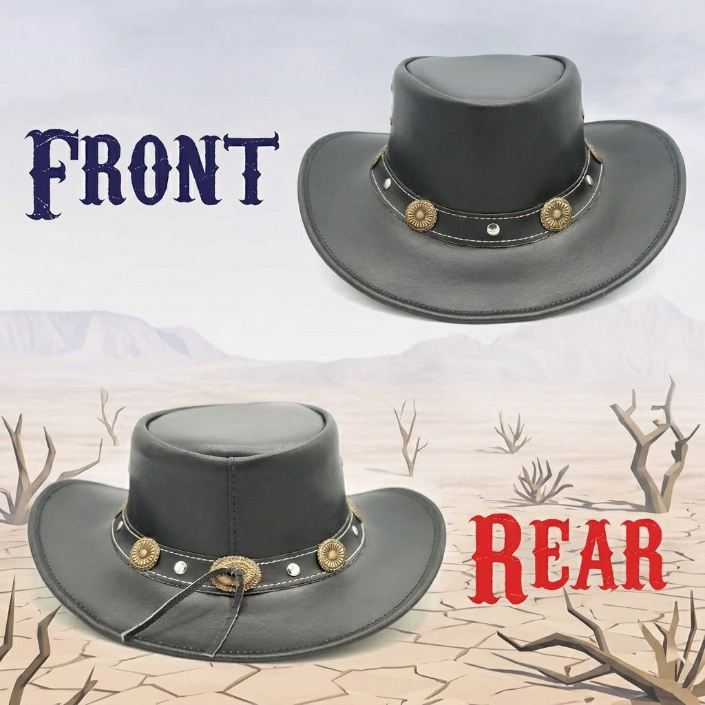 Genuine Split Cow Leather Cowboy Hat – Black Western Outback Style for Men & Women, Handcrafted Leather