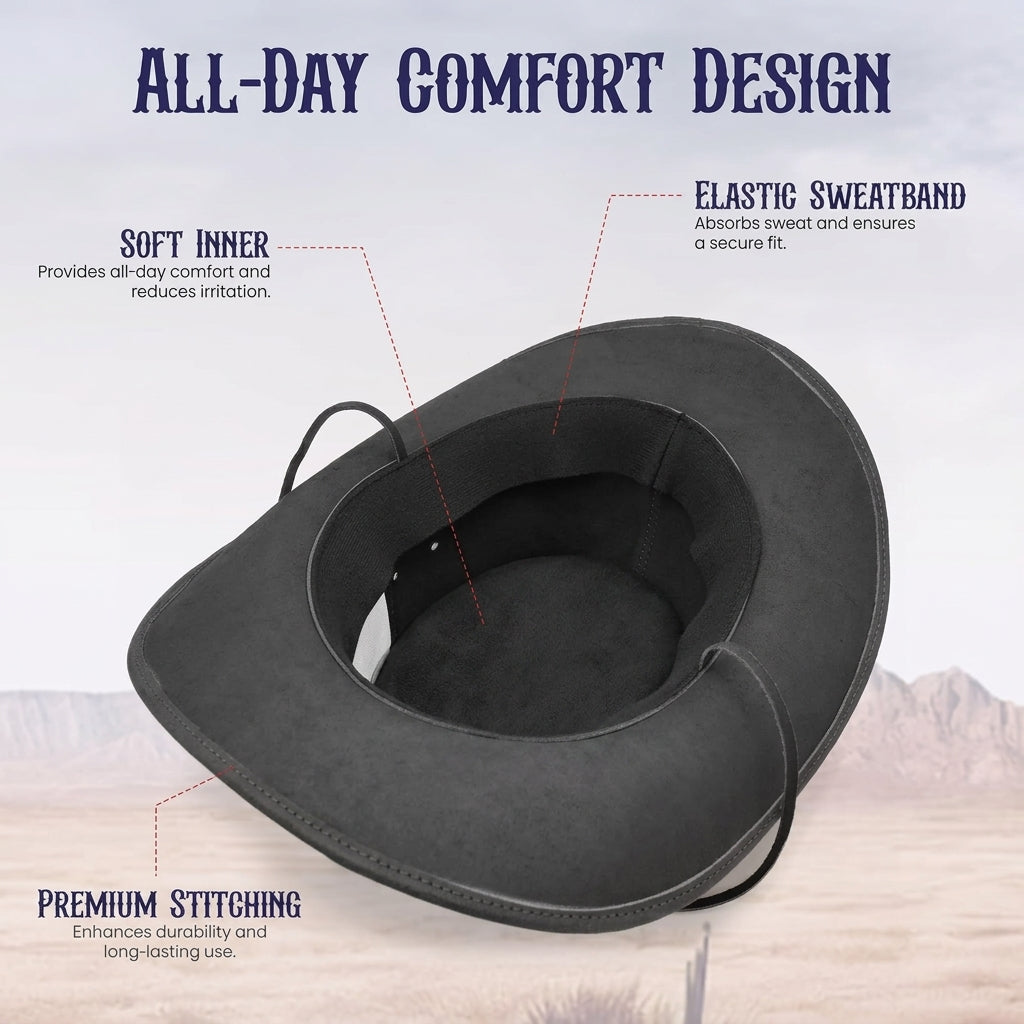 Genuine Split Cow Leather Cowboy Hat – Black Western Outback Style for Men & Women, Handcrafted Leather