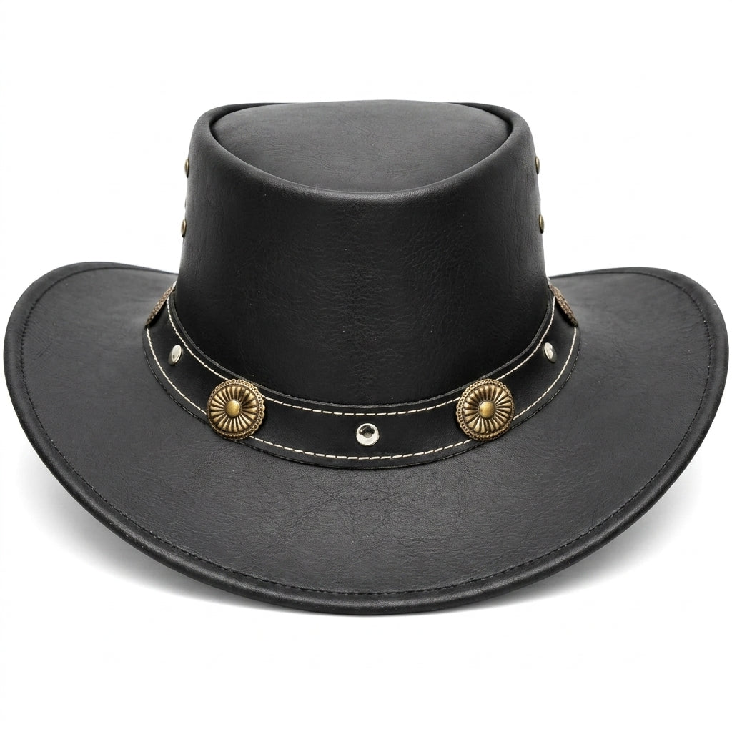 Genuine Split Cow Leather Cowboy Hat – Black Western Outback Style for Men & Women, Handcrafted Leather